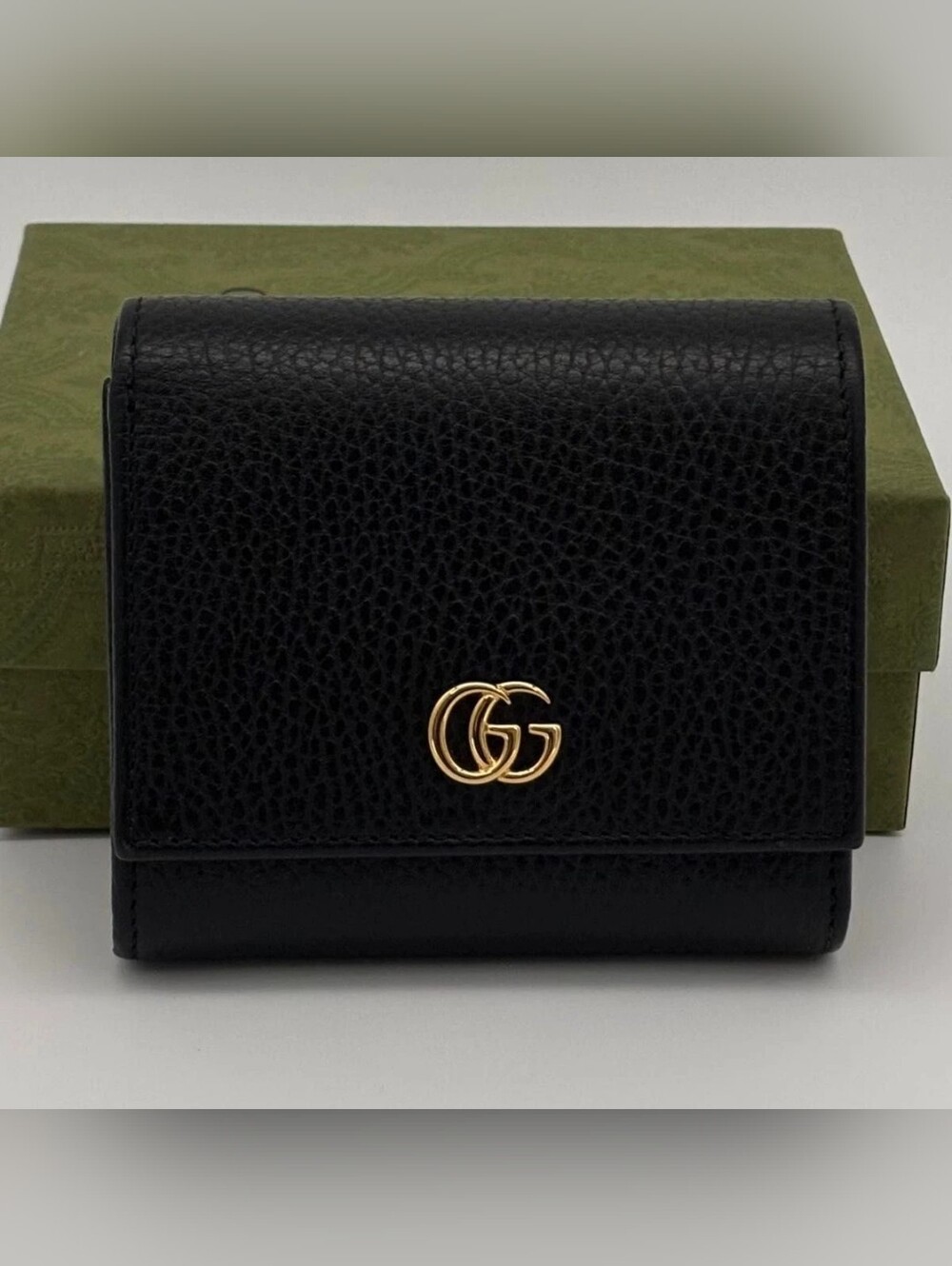 Gucci Black Leather Compact Wallet with Gold GG Emblem